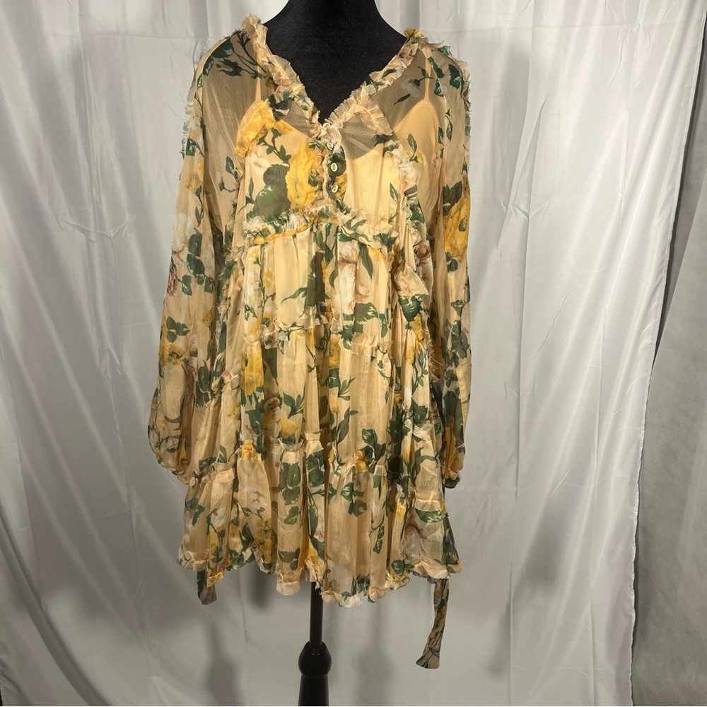 Sold o.p.t. Elegant Floral Long Sleeve Babydoll Dress in Yellow and Green -Small